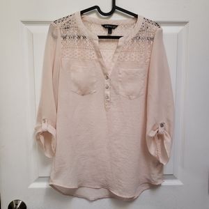 Express Pale Peach Lace Semi Sheer Roll Tab Pop Over Blouse
